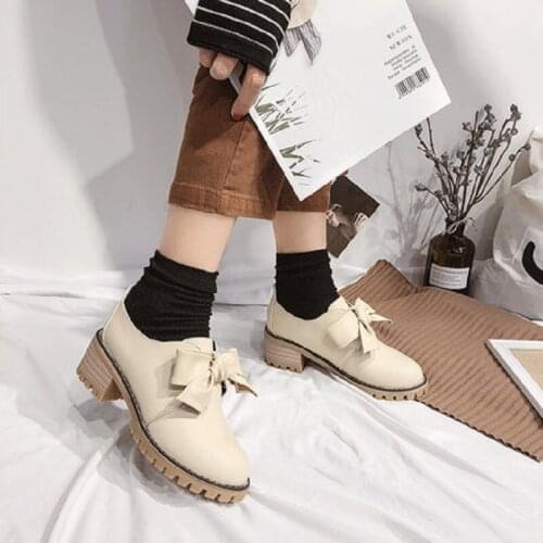 British Style Ladies Small Leather Shoes Spring And Autumn New All-Match Shallow Mouth Sweet Bow Mid-Heel High Heels