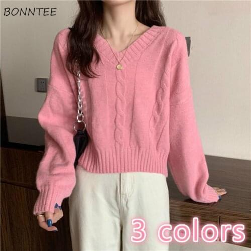 Sweaters Women Spring Ins Lovely Candy Colors Fashion Basic Chic Ladies Pullovers Vintage Solid V-neck All-match Ulzzang Popular