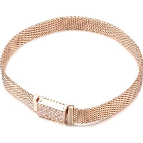 Authentic S925 Sterling Silver Rose Reflexions Long Clasp Pave Bangle Bracelet For Women fit Lady Bead Charm DIY Jewelry