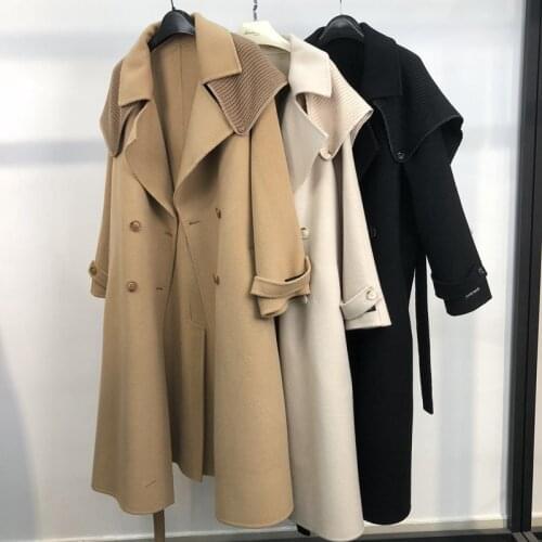 Camel Handmade Hepburn Style Cashmere Blend Wool Coat Womens Mid-length Loose Large Lapel Knitted Shawl Outfit 2021 пальто