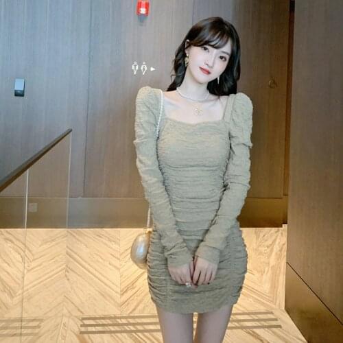 2021Spring Sexy Party Dresses High-end Women Square Collar Long Sleeve Elegant Dress Vintage Bandage Draped Mini Dress Vestidos