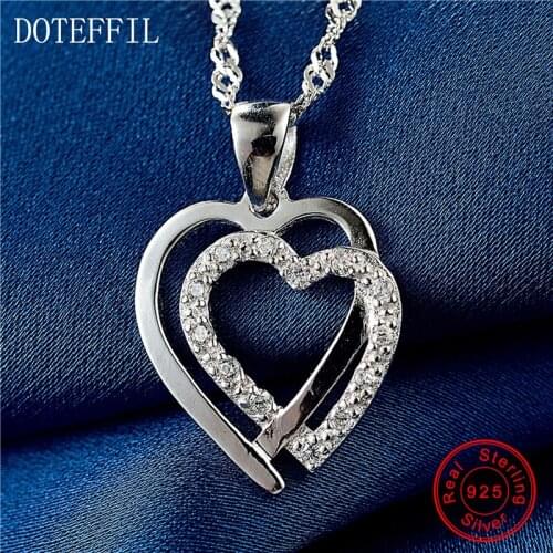 18 Inch Wave Chain 925 Sterling Silver Women Necklace Charming Double Heart Pendant Necklace AAA Zircon Silver Women Jewelry