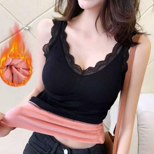 Winter Womens Underwear Vest Fashion Lace Design Sexy V-Neck Sleeveless Underwaist With Chest Holder Warm Fleece Inside Female