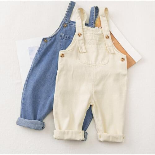 Fall Summer Denim Baby Girl Boy Overalls Solid Jeans Jumpsuit Pocket Children Casual Loose Rompers Blue Kids Overalls Outfits