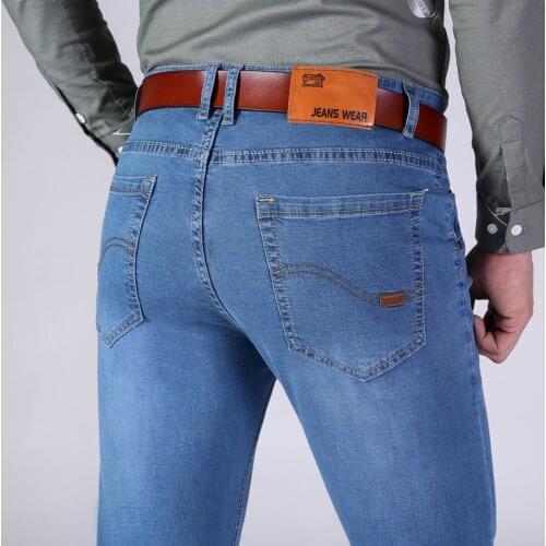Classic Style Mens Thin Light Blue Jeans Spring Summer Business Casual Advanced Stretch Straight Jean Male Brand Pants