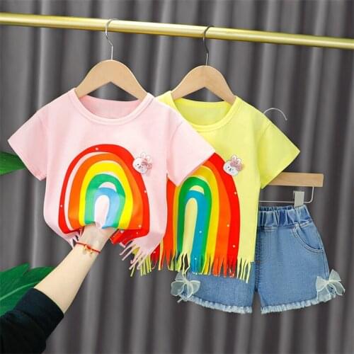 Summer Short Sleeve Shorts Set Girls Rainbow Print Tassel T-shirt + Denim Shorts Two-piece Baby Girl