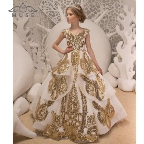 Golden Lace Sequin Girls First Communion White Dresses Bling Golden Sequin White Birthday Party Celebration Pageant Gowns Custom