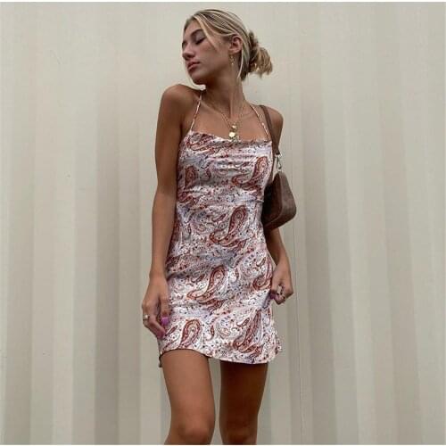 Summer Women Sexy Spaghetti Strap Beach Dress Fashion Abstract Print Bandage Backless Slim Fit Mini Dress Vacation