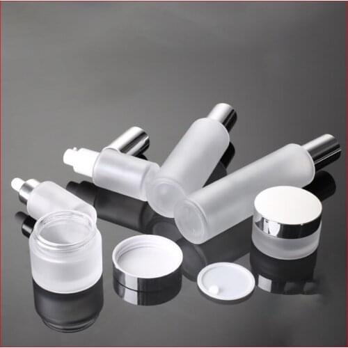 30/50/100/120ML frosted Transparent Empty glass bottle/Cream jar lotion pump Cosmetic Packing matt clean w silver cap 50cc