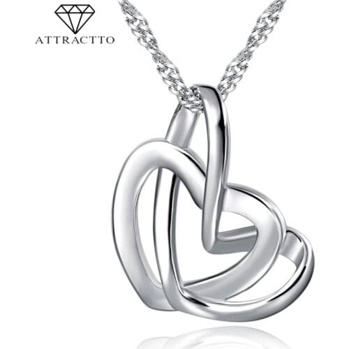 ATTRACTTO Fashion Jewelry Crystal Double Heart Necklace&Pendants Women Silver Necklaces Collares Choker Chain Necklace SNE190067