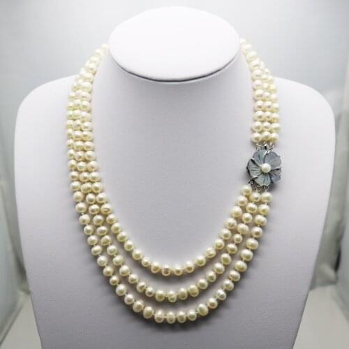 Fashion Popular Natural akoya White Pearl Necklace 3Rows Neck chain Shell clasp Accessories