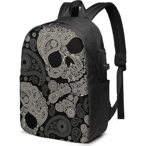 Fashion Backpack Skull And Paisley Student School Bag For Boy Girl Teenager USB Charge Computer Laptop Back Pack