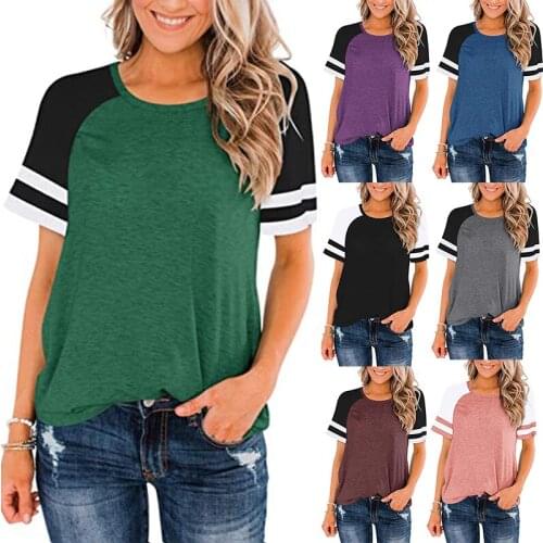 Summer New T-shirt Women Loose Stripe Short Sleeve Tee Casual Fashion Sport O-Neck Patchwork Shirts Top Multicolor Choose