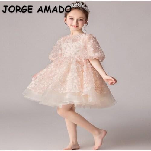 2021 New Summer Kids Girls Party Dresses Pink White Appliques Half Sleeves Princess Dresses Wedding Piano Perform Birthday E1503