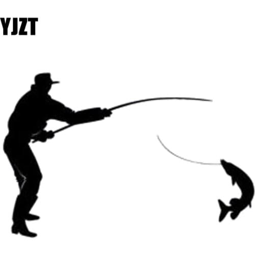 YJZT 15.5cm*10.2cm Interesting Fisherman Fishing Catching Railing In A Fish Decals Car Sticker Black Silver Vinyl C11-0013