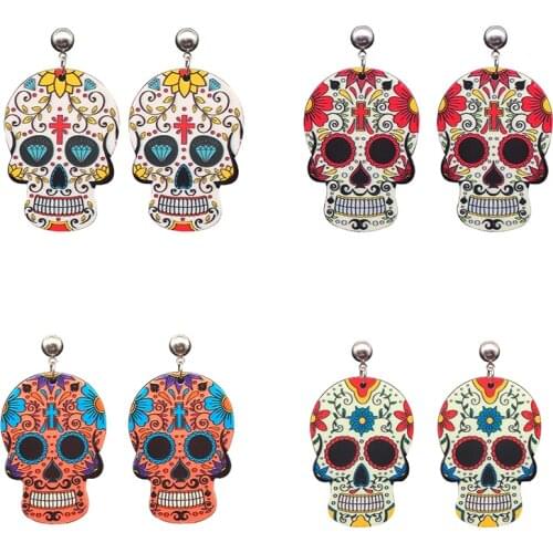 Skull Earrings Calavera Sugary-Sweet Whimsical Celebrate Mexican Day Halloween Acrylic Sugar Skull Earrings For Women 9 colors