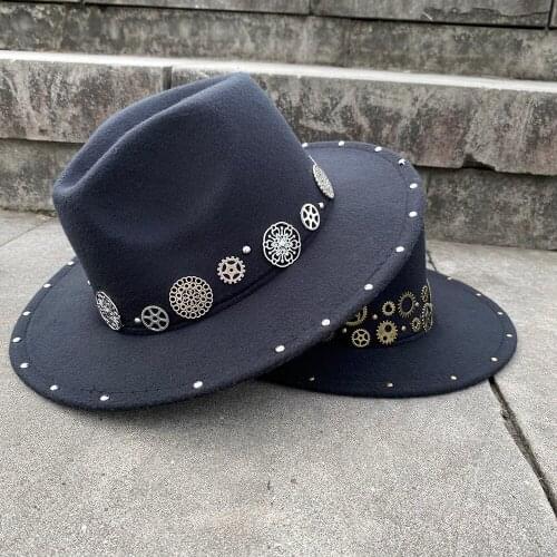Women Handmade Punk Fedora Hat Acrylic Gems Wide Brim Jazz Church Cap Winter Panama Party CosPlay Hat 2 Size