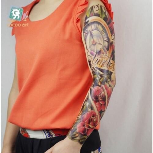 Rocooart AC 16X48CM Big Chest Back Taty Full Arm Temporary Tattoo Sticker Cool Flower Clock Fake Tattoo For Men Women Tatuagem