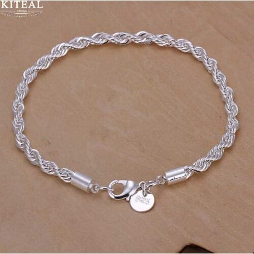 Top Quality 925 jewelry silver plated 4mm 20cm Twist rope bracelet for women&men fashion pulseira masculina wholesale &retail