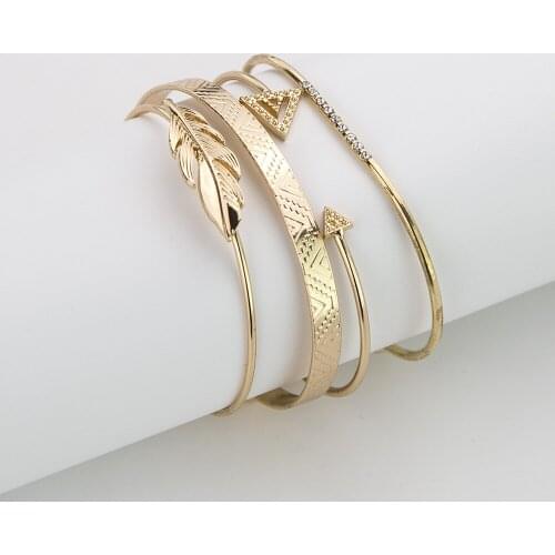 4 Pcs/set Womens Fashion Crystal Leaves Geometric Chain Gold Bracelet Set Bohemian Vintage Jewelry Adjustable Accessories Gift