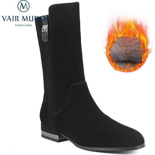 VAIR MUDO Women Mid-Calf Boots Shoes Black Round Toe Autumn Winter Short Plush And Wool Warm Comfortable Elegant Fashion ZT86-C