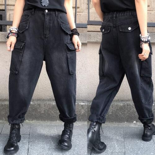 Women 2021 Spring Autumn New High Waist Denim Trousers Female Fashion Loose Pockets Jeans Ladies Solid Color Cargo Pants P16