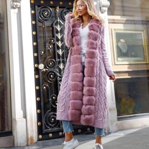 Ladies natural fur cardigan women real fox fur sweater X-long sweater with big fur collar