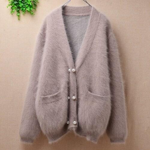 Ladies women korean fashion mink cashmere thick warm angora rabbit wool knitted long sleeves cardigan jacket coat winter clothes