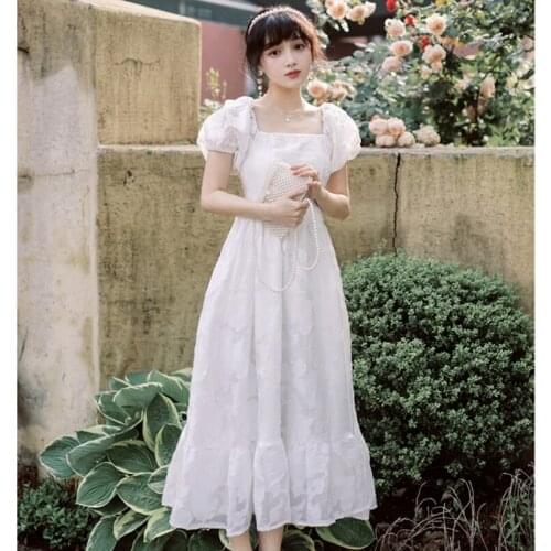 Runway Summer Girl Square Collar Puff Sleeve White Jacquard Long Midi Dress Vintage Elegant Women Dinner Party Dresses Casual