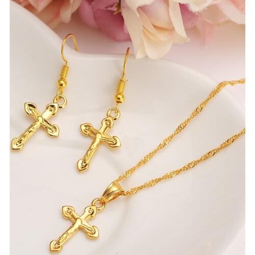 Gold small cross Pendant Necklace chain Earrings sets Jewelry Gold Christian jewelry sets for women girl Best Jesus Gifts