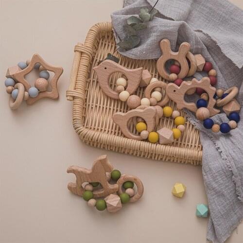 1PC Baby Wooden Teething Bracelet Star Bird Wooden Rodent Pendant Ring Gym BPA Free Montessori Beads For Kids Goods Natural Toys