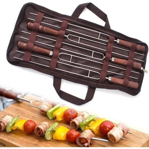 Hot 5/7Pcs Stainless Steel Roasting Forks With Bag U Shape Barbecue Tools Picnic Camping Hot Dog Telescoping Sticks BBQ Skewers