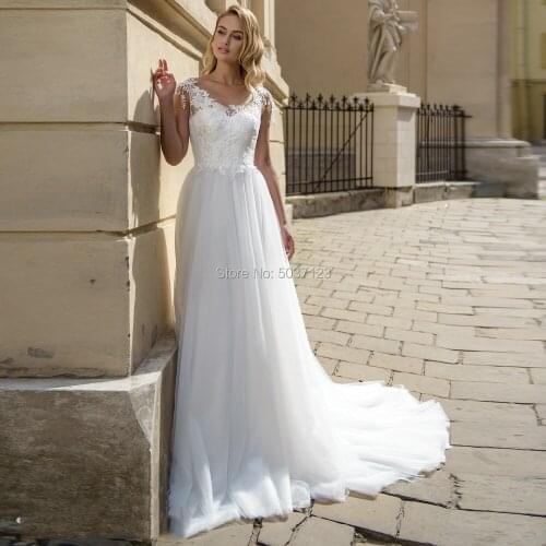 White A Line Cap Sleeves Wedding Dresses Sleeveless Button Illusion Sweep Train Wedding Bridal Gowns Vestido de noiva 2020 Cheap