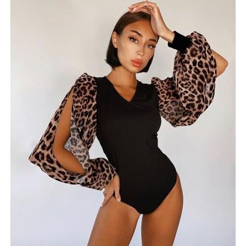 Summer Sexy Skinny Leopard Patchwork Bodysuit Rompers Women Jumpsuit Lady Lantern Sleeve Slim Bodysuits Female Top