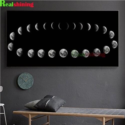 Large 5D Diamond Painting Black White Lunar Eclipse Moon Phases Landscape Full Drill Square Round Diamond Embroidery N1712