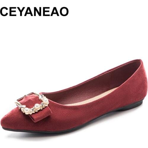 CEYANEAOSpring Luxury Women Fashion Soft Pear Rhinestone Pointed Toe Ballet Flat Suede Girl Butterfly Knot Large Size Desig Shoe
