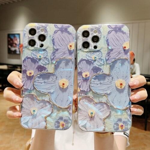 Oil Painting Purple Blue Daisy Flower Phone Case For iPhone 12 Mini 11 Pro Max XR XS X 8 7 Plus Full Protective Back Cover