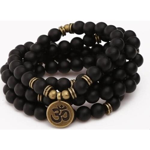 Black frosted onyx beads with Lotus OM Buddha Charm Yoga Bracelet or Necklace Natural stone 108 mala for men Women Gift jewelry