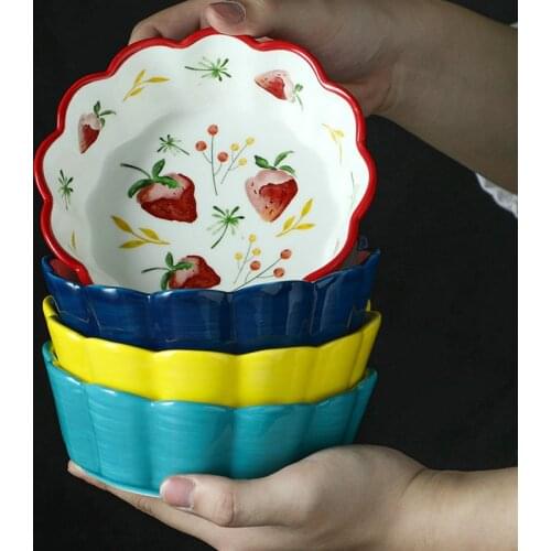 Colorful Wide Bowl Petal Edge Home Underglaze Color Soup Ceramic Bowl Single Fruit Salad Dessert Bowl