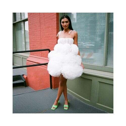 Elegant White Spaghetti Strap Tulle Prom Gown 2020 Puffy Ruffle Tutu Party Mini Dress Tulle Formal Dresses Tulle Dressing Gown