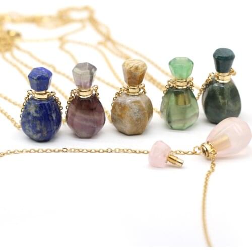 Exquisite Women Small Perfume Bottle Necklace Jewelry Natural Lapis Pink Quartz Crystal Essential Oil Diffuser Pendant Necklaces