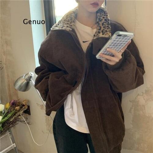 New Winter Leopard Patchwork Women Coat Corduroy Warm Loose Casual Jacket Female Outwear Elegant Tops
