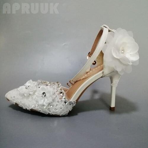 Summer ankle straps pumps shoes wedding party white lace flowers shinny silver crystal rhinestones pattern ladies dinner shoes