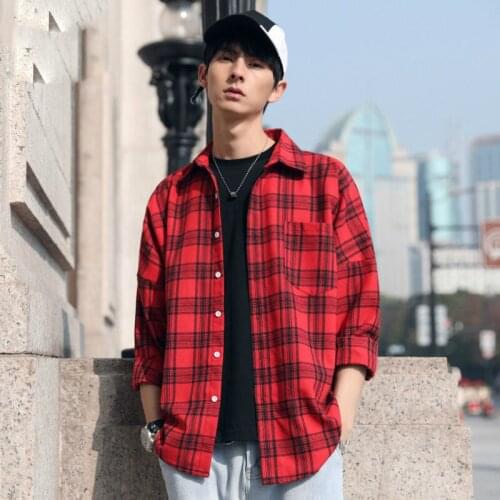Plaid Shirt Mens long sleeve Japanese ins Hong Kong Style loose Korean shirt fashion coat