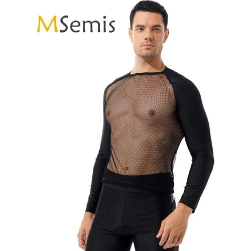 Mens Fashion Tops Tees for Party Nightclub Stage Show See-through Mesh T-shirt O Neck Long Sleeve Patchwork Sexy Clubwear