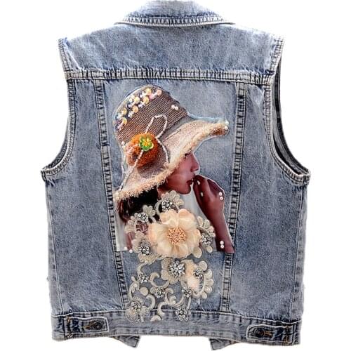 New Style Denim Vest Coat Women Korean Diamonds Flower Waistcoat Tops Female Jeans Jacket Woman Short Sleeveless Waistcoat Vest