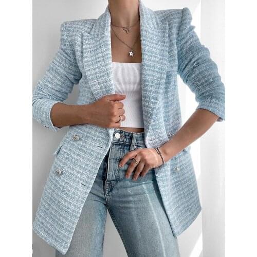 Fashion Casual Double Breasted Tweed Women Blazer Coat 2021 New Long Spring Autumn Jackets Coats Female Chic Office Lady Tops