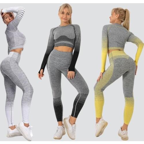 Striped Seamless Yoga Set Workout Sets for Women 2 Piece High Waist Seamless Leggings and Crop Top Yoga Outfit