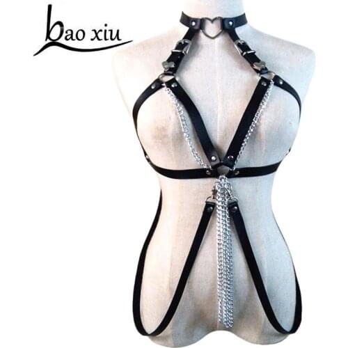 New Women Ladies Fashion Punk Gothic Bra pu leather Harness Belts Body Bondage Top Chest Straps metal chain tassel accessories