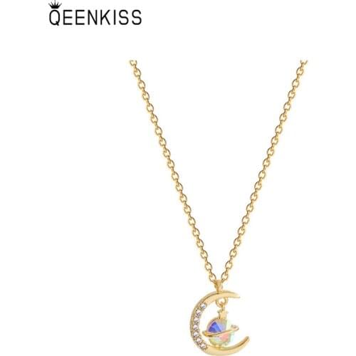 QEENKISS NC748 Fine Jewelry Wholesale Fashion Trendy Woman Birthday Wedding Gift Moon Star AAA Zircon 18KT Gold Pendant Necklace